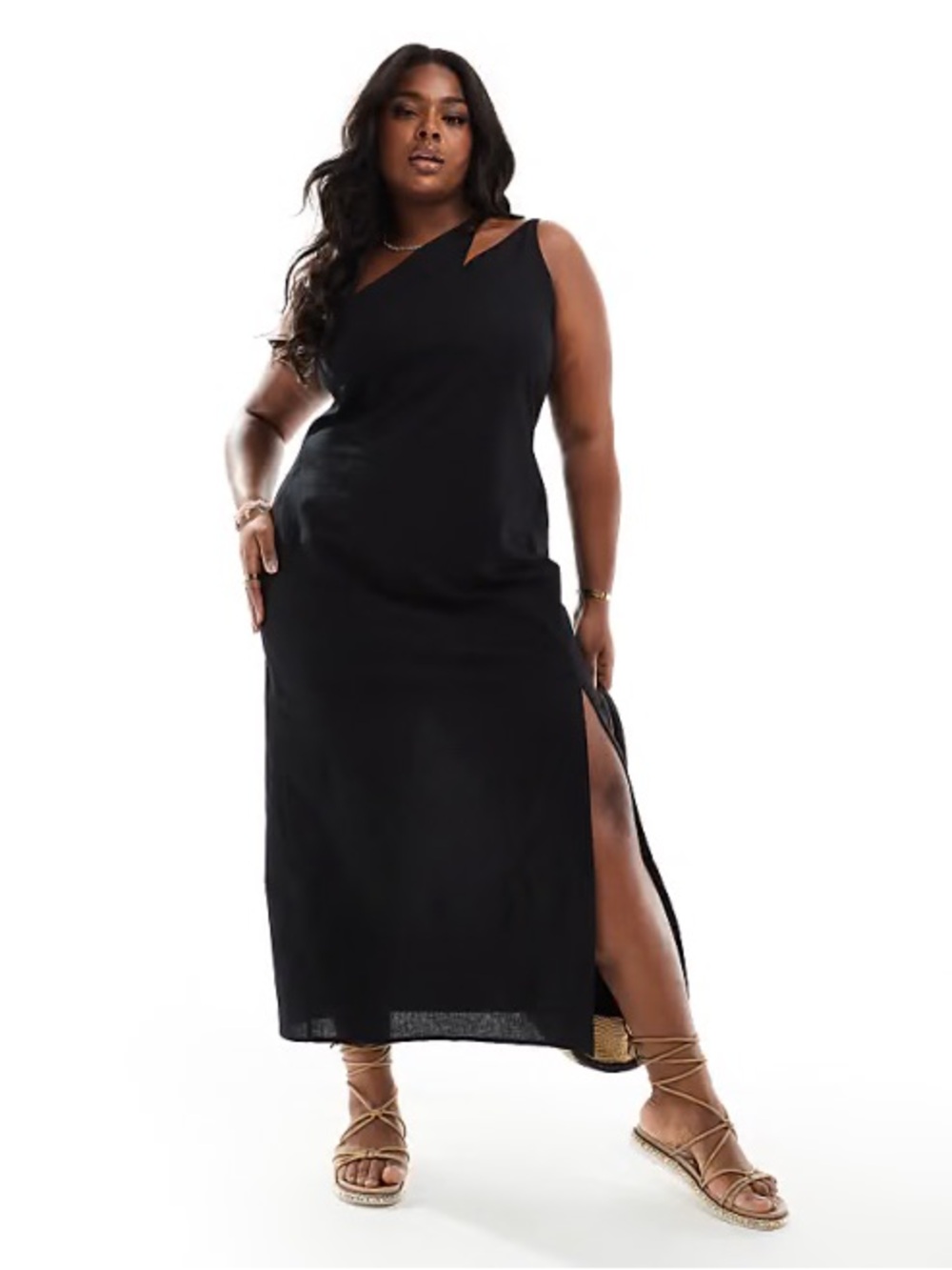 ASOS DESIGN Curve Black Linen Mix one shoulder split strap midi sundress w/ Slit